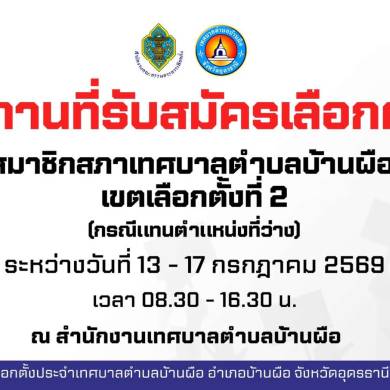 📣ประชาสัมพันธ์ สถานที่รับสมัครเลือกตั้งสมาชิกสภาเทศบาลตำบลบ้านผือ เขตเลือกตั้งที่ 2 (กรณีแทนตำแหน่งที่ว่าง)